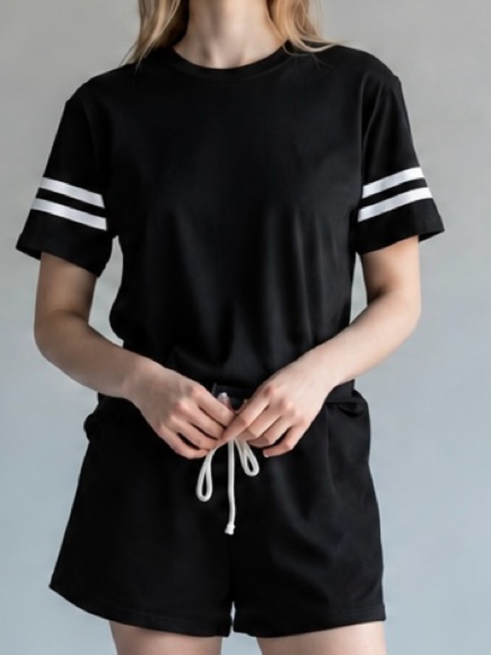 Black Short Sleeve Pajama Set with White Stripe Accents - Women